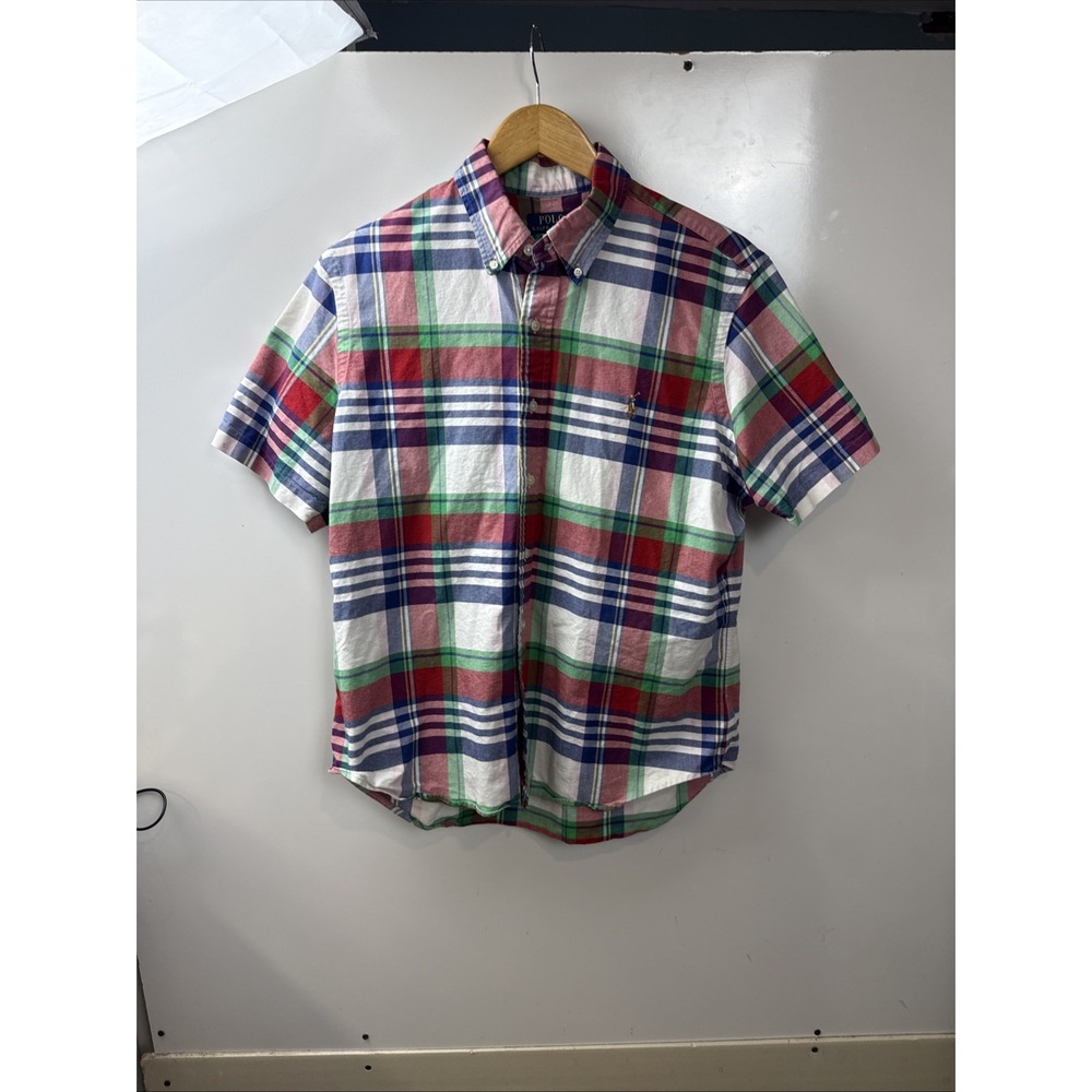 Ralph Lauren POLO White Plaid Button-Down Shirt with Blue, Red, Green Stripes L